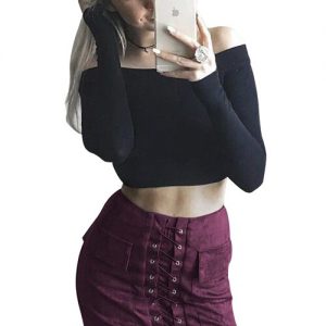 Contouring Twin Flap Pockets Wine Red Vintage Miniskirt