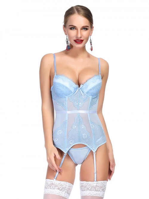 Attractive Blue Bowknot Corset G-String Lace Patchwork