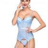 Attractive Blue Bowknot Corset G-String Lace Patchwork