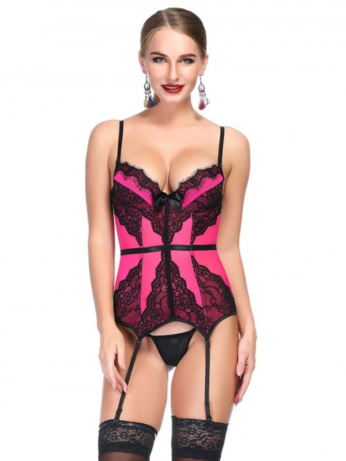 Attractive Pink Bowknot Corset G-String Lace Patchwork