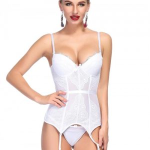 Attractive White Bowknot Corset G-String Lace Patchwork