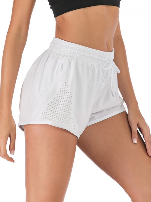Chic White Drawstring Pockets Gym Shorts Solid Color Good Elasticity