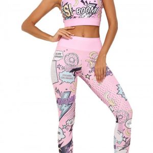 Classic Pink Cartoon Print Yoga Suit Hollow Out Athletic