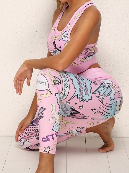 Classic Pink Cartoon Print Yoga Suit Hollow Out Athletic