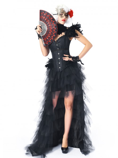 Curve Smoothing Black Feather Jacquard Overbust Corset Skirt Set