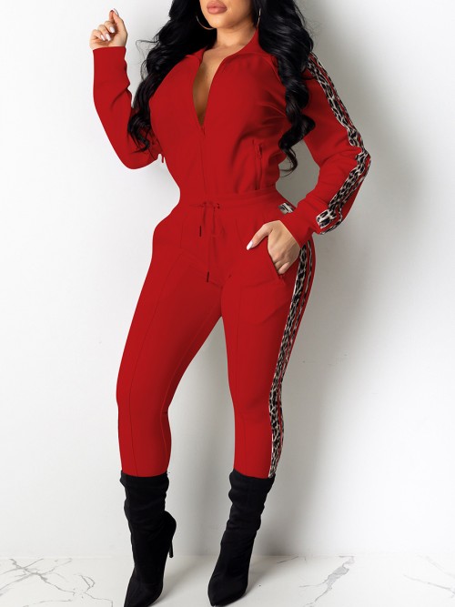Dreaming Red Drawstring Waist Colorblock Sweat Suit Elasticity