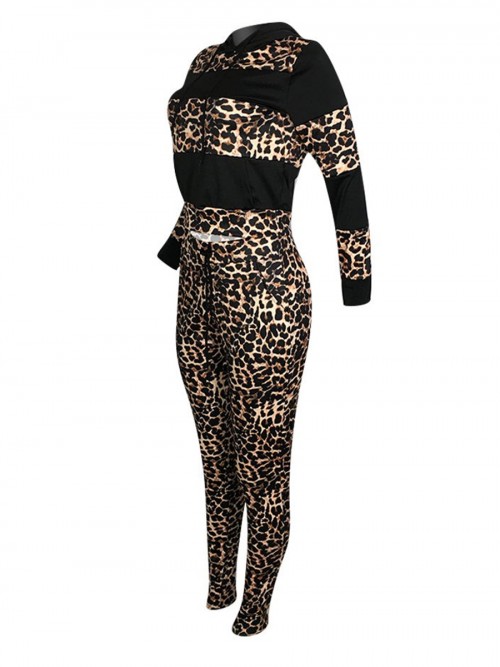 Dynamic Black Full-Sleeved Sports Top Leopard Pants Set Understated Design