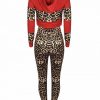 Dynamic Red Full-Sleeved Sports Top Leopard Pants Set Understated Design