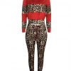 Dynamic Red Full-Sleeved Sports Top Leopard Pants Set Understated Design