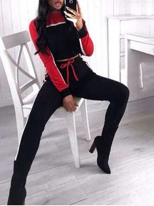 Fabulous Red Long Sleeve Sweat Suit Contrast Color Comfort Fit