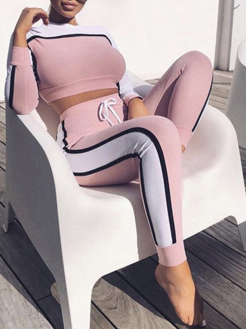 Fabulous Pink Long Sleeve Sweat Suit Contrast Color Comfort Fit
