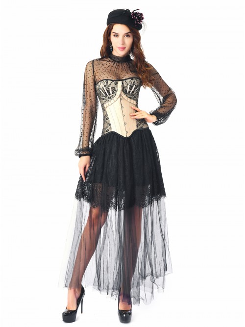 Gracious Black 3 Pieces Ruffle Corset Skirt Set Lace Trim Ultra Hot