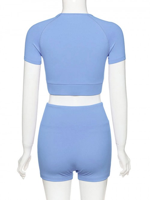 Ingenious Blue Solid Color Crop Top And Yoga Shorts Fashion Style