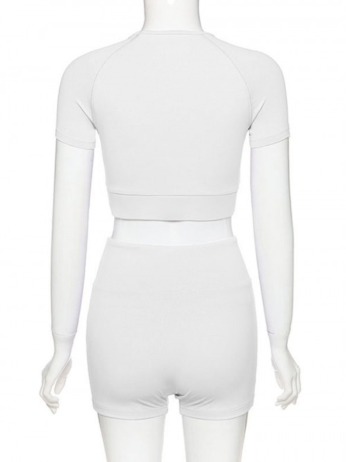 Ingenious White Solid Color Crop Top And Yoga Shorts Fashion Style