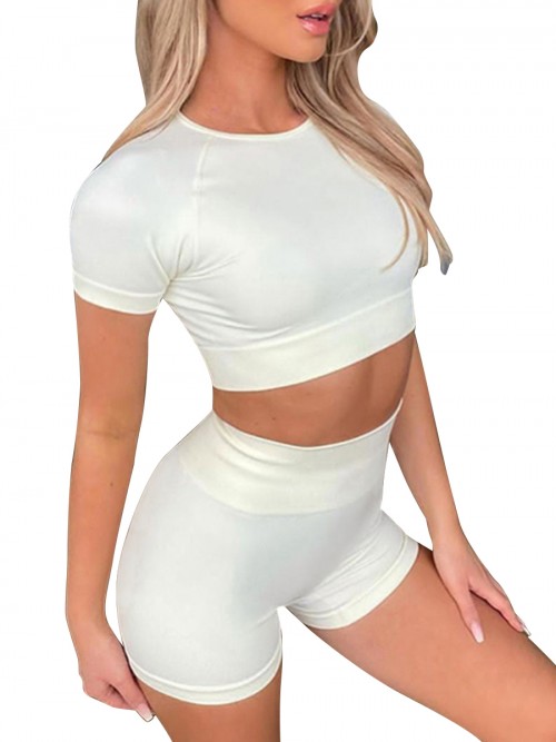 Ingenious White Solid Color Crop Top And Yoga Shorts Fashion Style