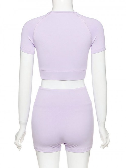 Ingenious Purple Solid Color Crop Top And Yoga Shorts Fashion Style