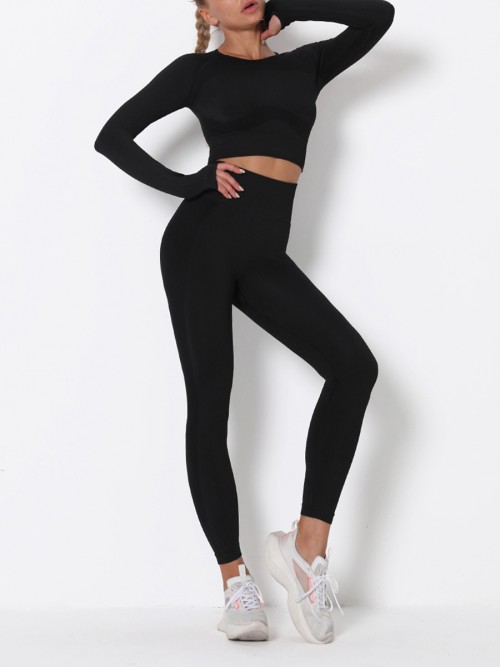 Modern Fit Black Round Collar High Rise Athletic Suit For Runner