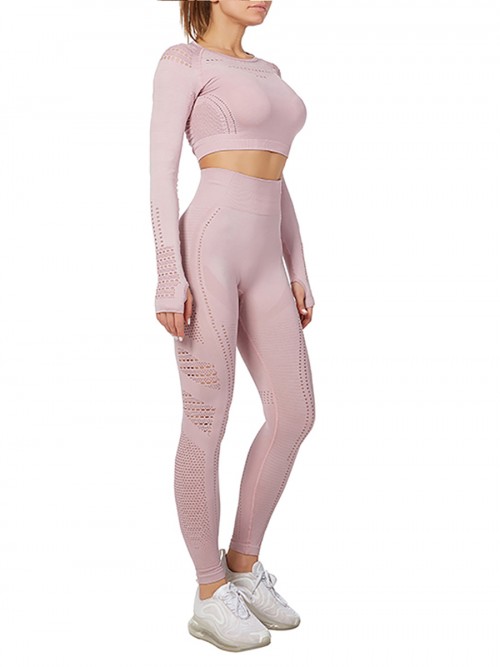 Modern Ladies Wine Pink Mesh Sweat Suit High Waist Full Length
