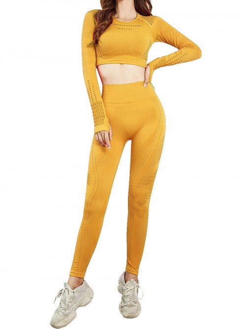 Modern Ladies Wine Yellow Mesh Sweat Suit High Waist Full Length