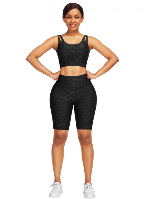 Sleek Black Scoop Neck Training Suits High Waist For Upscale