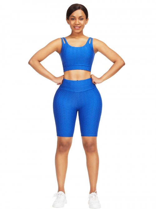 Sleek Blue Scoop Neck Training Suits High Waist For Upscale