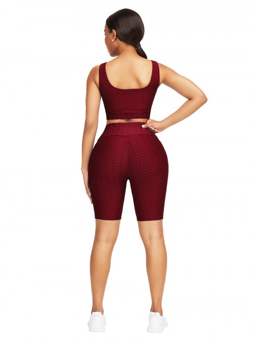 Sleek Red Scoop Neck Training Suits High Waist For Upscale