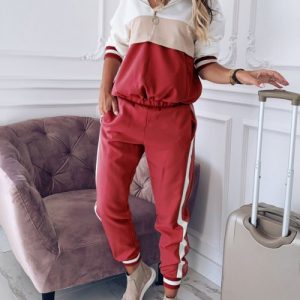 Stunning Red Hooded Neck Sweatsuit Big Size Zipper Tight