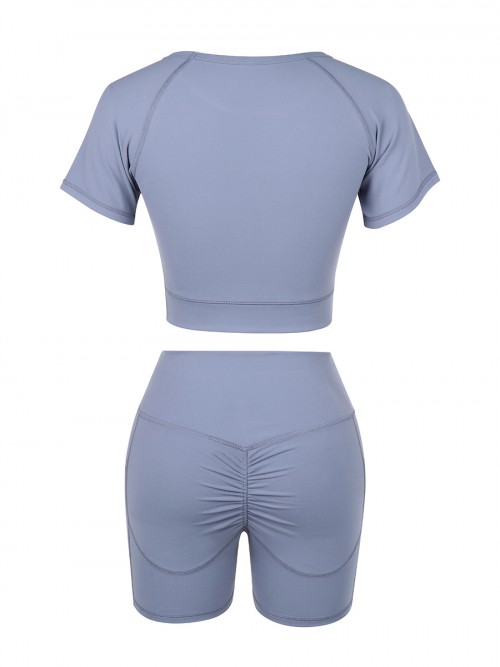 Sunset Blue Solid Color Round Collar Sweat Suit For Girls