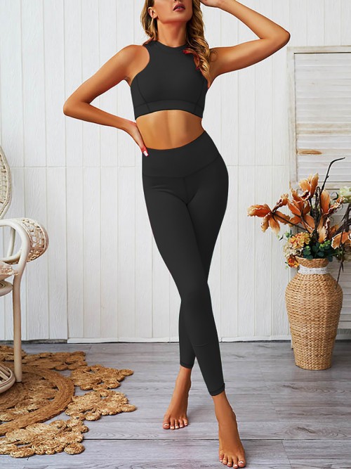 Elastic Black High Waist Yogawear Set Crop Sleeveless For Runner