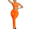 Elastic Orange High Waist Yogawear Set Crop Sleeveless For Runner